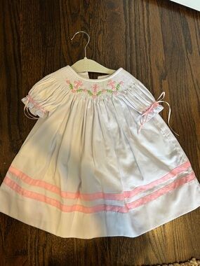 White and Pink Smocked Floral Girls' Dress